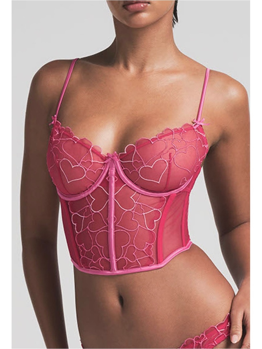SKIMS Punch Pink Embroidered Hearts Tulle Unlined Demi Crop Corset Size XS